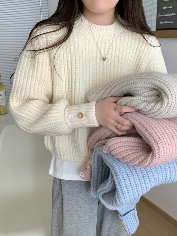 宽松软糯针织衫女秋冬季袖口纽扣内搭打底短款加厚毛衣温柔风上衣|undefined