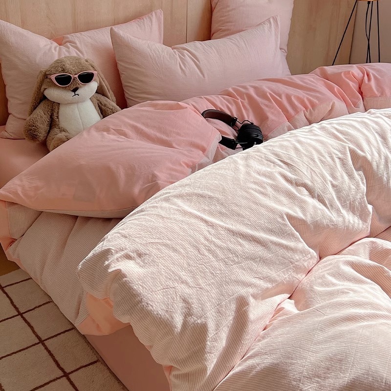 Algodón lavado de algodón Juego de cuatro piezas Algodón puro 2024 Nuevo otoño e invierno Sábana simple Funda de edredón Juego de cama de tres piezas 4