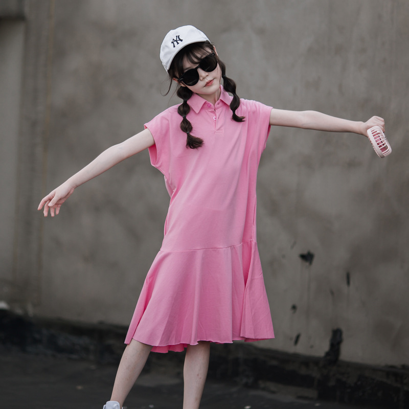 Vestido de las muchachas estilo preppy falda Polo solapa 2023 verano nuevos niños ropa mediana y grande casual manga corta mujeres