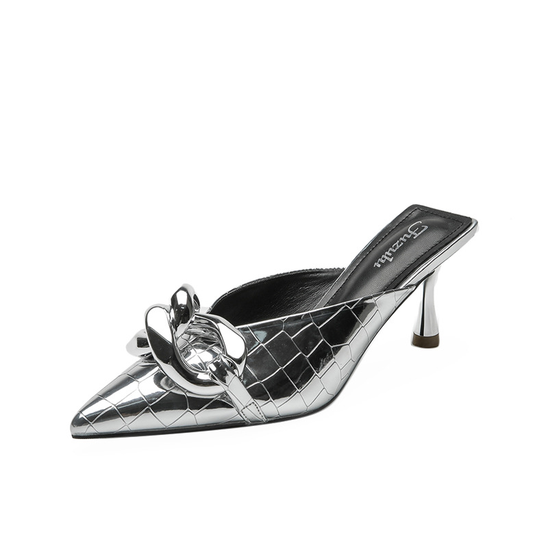 Women's Silver High-heeled Slippers With Chain And Pointed Toe_voghion.com
