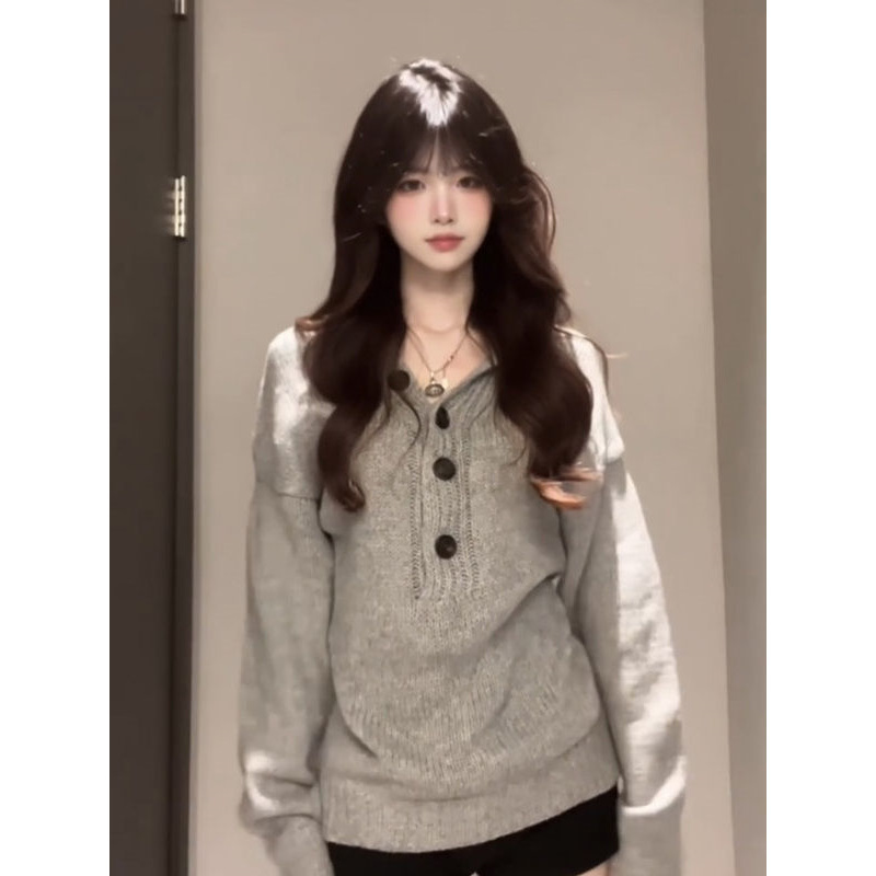 春季灰色慵懒风亨利衫毛衣女款2025新款韩系高级感显瘦针织衫上衣|undefined