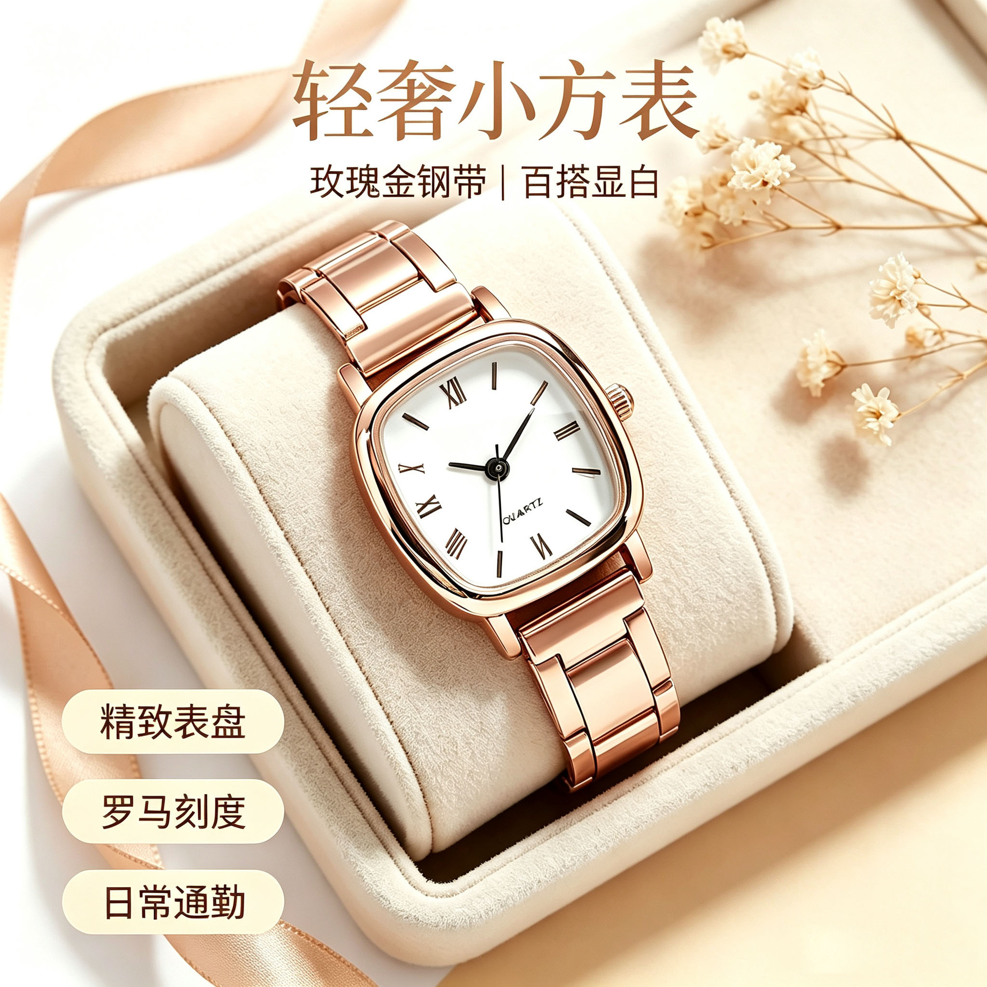 Cross-Border New Model Steel Band Quartz Watch for Female Students, Casual Simple Fashion Wristwatch, Square Women's Watch, Light Luxury Niche