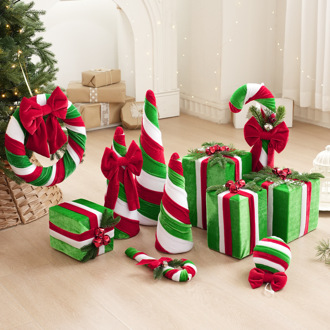 Decoración de Navidad rojo verde veludo adornos colgantes dulces árbol de Navidad vestido colgantes diseño de la escena de vacaciones