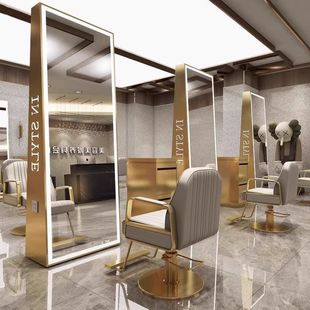 Barber Shop Mirror Internet Celebrity Hairdressing Mirror Table Hair Salon Special Stainless Steel Double-Sided A-Shaped Full-Body Floor Mirror with Light