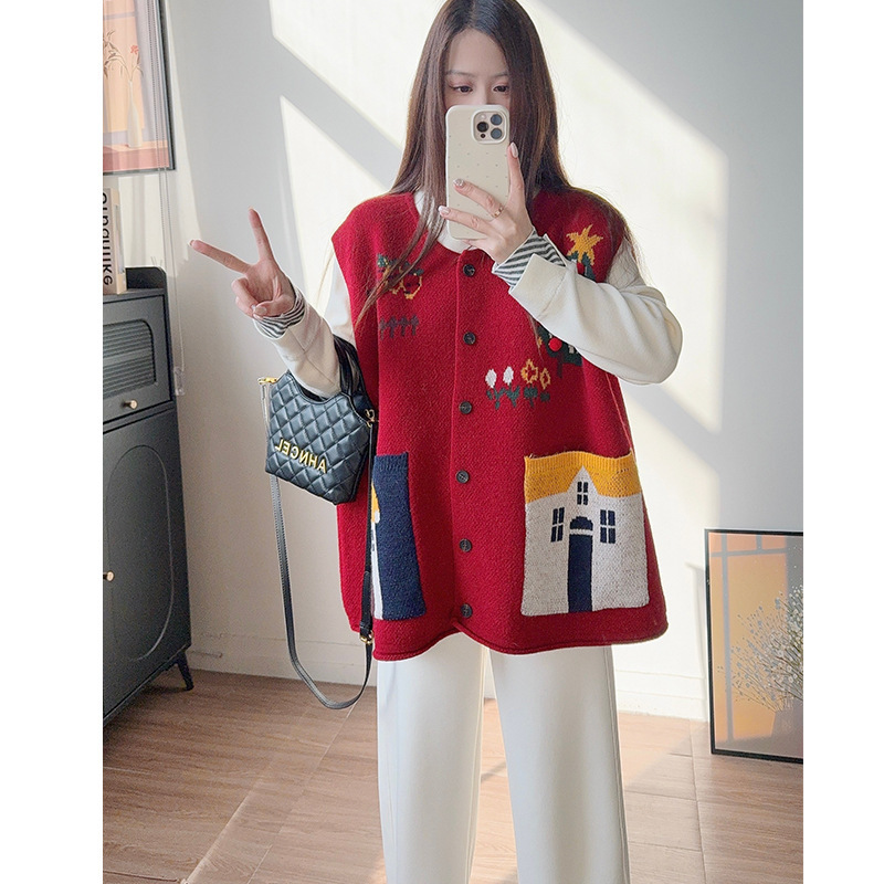 Japanese Retro Cartoon Jacquard Christmas Atmosphere Knitted Cardigan Vest for Women, Loose Fit, Plus Size Sweater Vest for Autumn and Winter