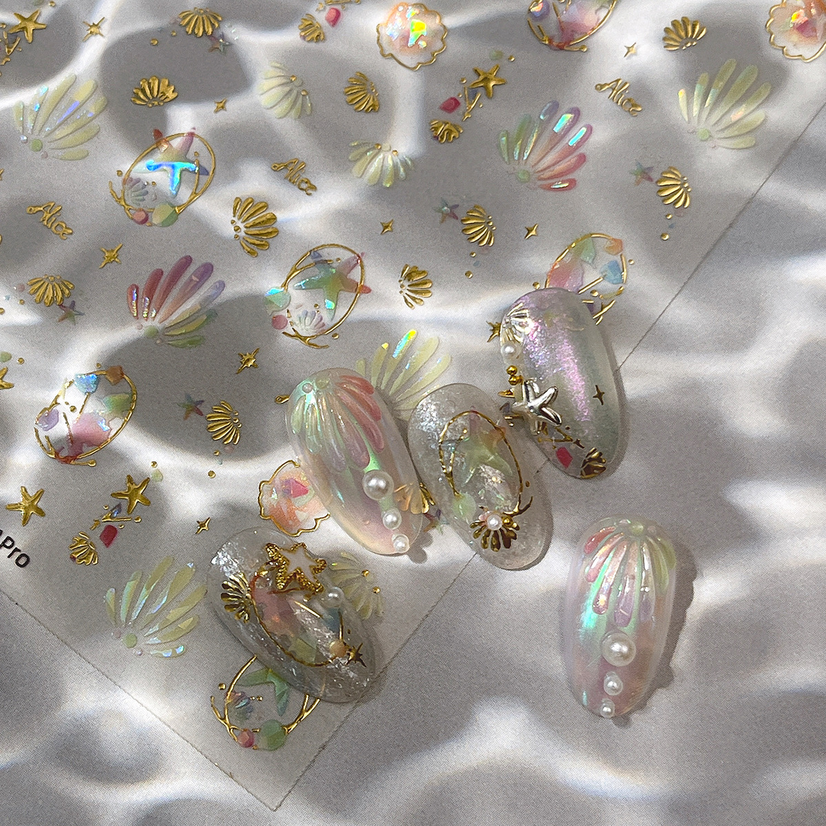 YITU 이중층 쉘 네일 아트 스티커 깜박이는 귀여운 불가사리 영어 네개 별 장식 스티커 YT5871