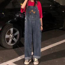 复古背带裤女秋季韩版宽松直筒阔腿裤百搭学生洋气减龄牛仔裤女潮