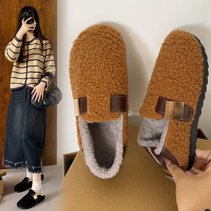 Invierno de cordero coreano zapatos de mujer con zapatos de frijol y algodón retro con una sola pie plana.