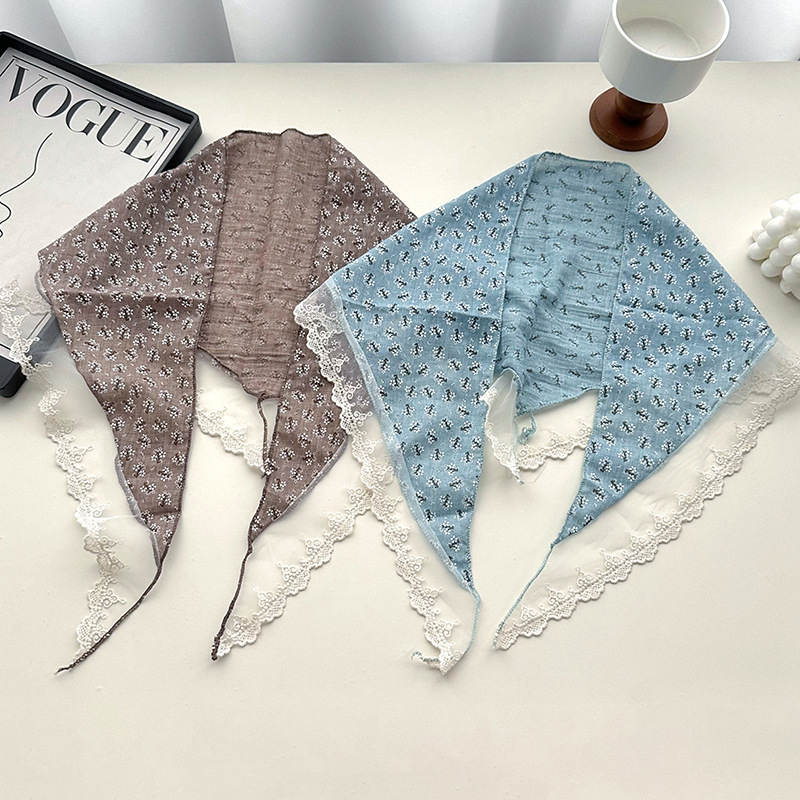 Flor francesa idílica dulce pañuelo de cabello de encaje empalme decoración retro pañuelo triangular bandana bufandas de seda correa de cabello