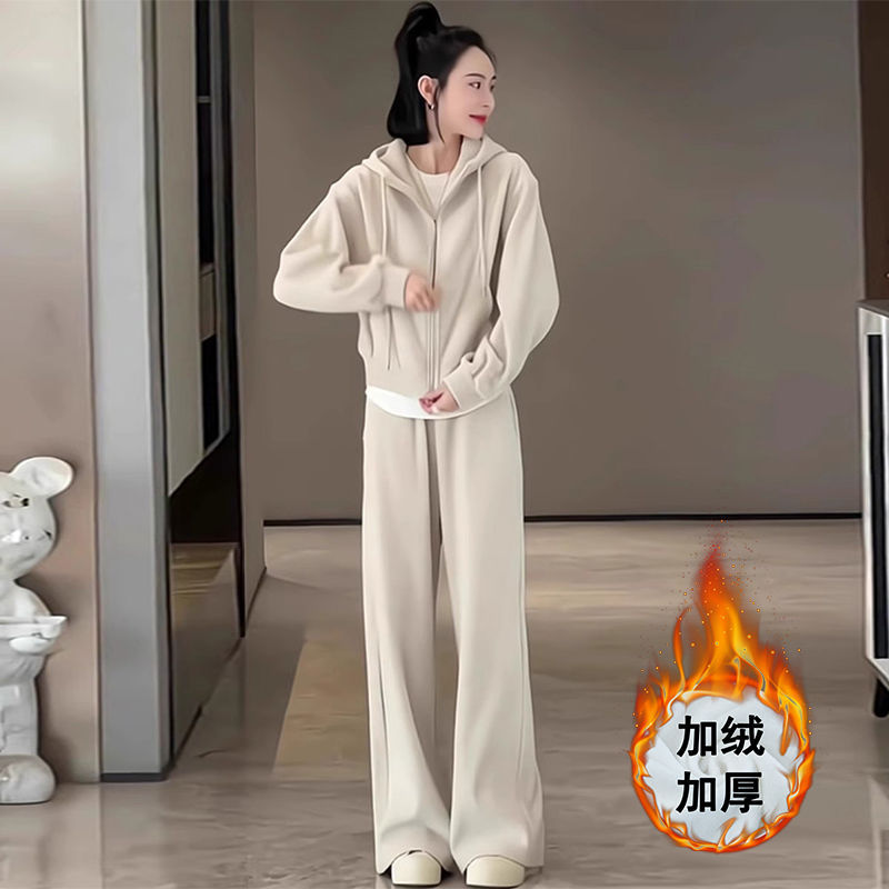 Fashionable Sportswear Suit for Women in Autumn and Winter Plus Velvet Hooded Sweatshirt Wide-Leg Pants Casual Two-Piece Running Set