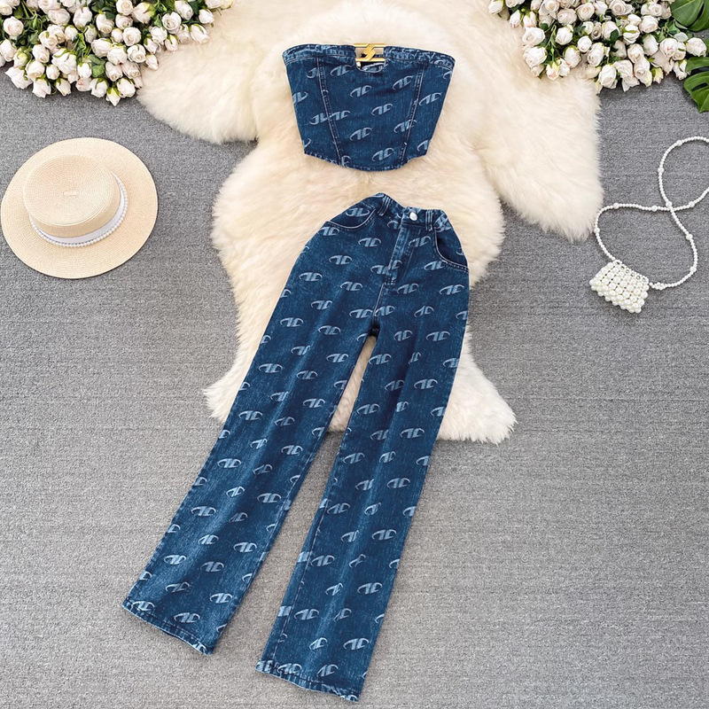 Fashion Suit for Women, American Retro Temperament, Tube Top, Denim Vest, Two-Piece Set, Casual High-Waisted Slim Straight Pants