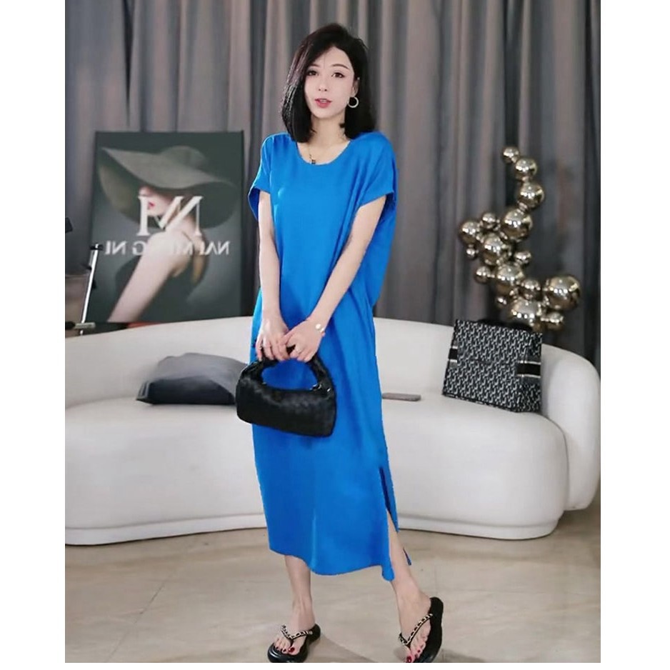 Đầm thun Klein xanh dương phong cách Pháp mùa hè dáng suông — Màu xanh lam