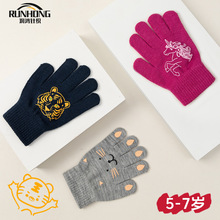 儿童秋冬季手套男孩五指可爱薄款针织毛线女孩糖果色可加logo手套