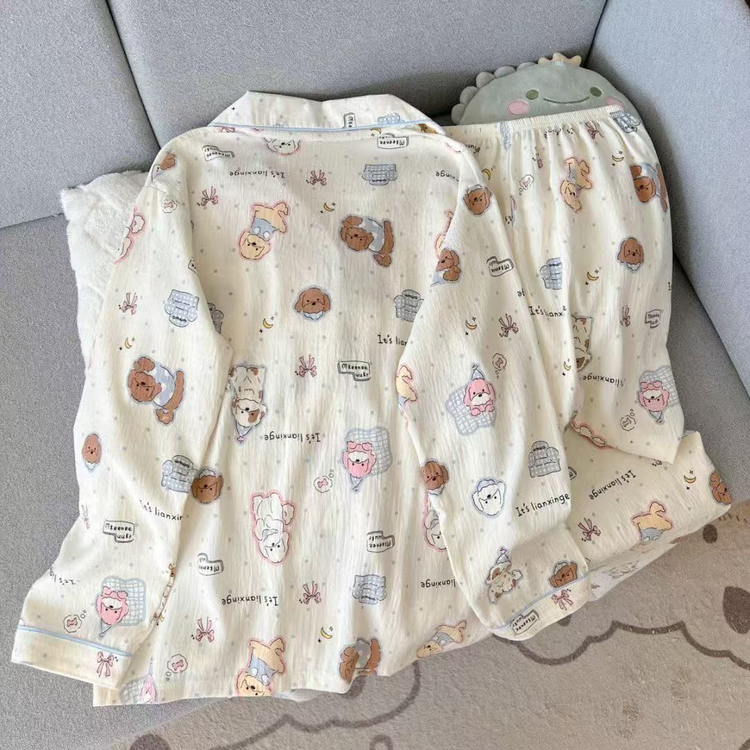 Al por mayor transfronterizo primavera y otoño dulce dibujos animados nubes de algodón pantalones de manga larga pijamas cardigans con solapa cubierta de ropa para el hogar
