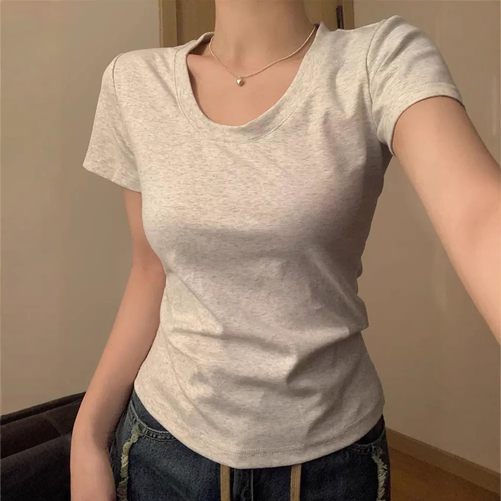 White Inner Wear Women's T-Shirt with Regular Shoulders, Summer U-Neck Short Sleeve, 2026 New Slim-Fit Design, Half-Sleeve Base Short Top