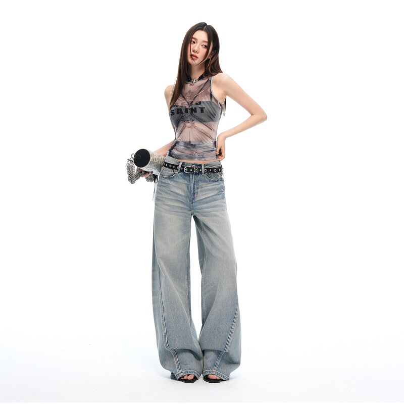 26Th Summer New Style Low-Waist Retro Washed Laser Radial Three-Dimensional Whisker Effect Loose Wide-Leg Jeans for Women