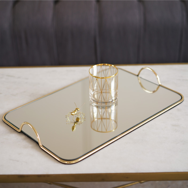 Paquete de oro nórdico bandeja de espejo doble ventana modelo de sala de venta mesa de comedor simple bandeja de metal