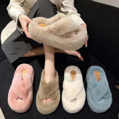 厚底毛拖鞋女交叉7厘米休闲韩版厚底时尚毛绒拖鞋软底家居毛毛鞋