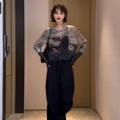 メッシュ薄い微透けデザイン落書き日焼け止め長袖Tシャツレディース夏新作トップスブラウスグレープリント