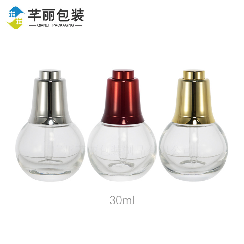 现货爆款米加气泡精华油瓶 30ml小灯泡精华液瓶按压式滴管玻璃瓶