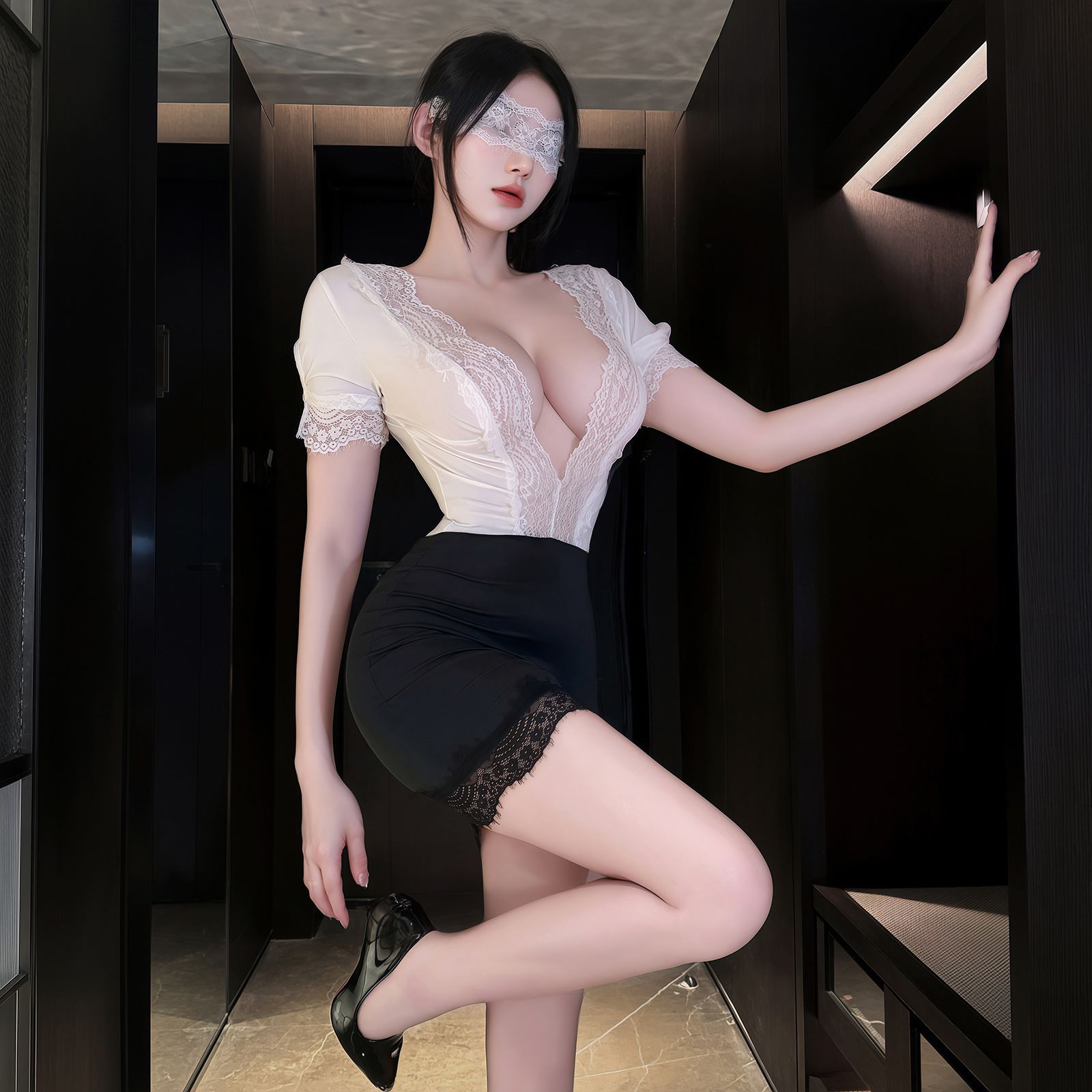 Secretary Role-Play Lace Bodycon Dress, White Uniform Lingerie, One Size — detail image 4