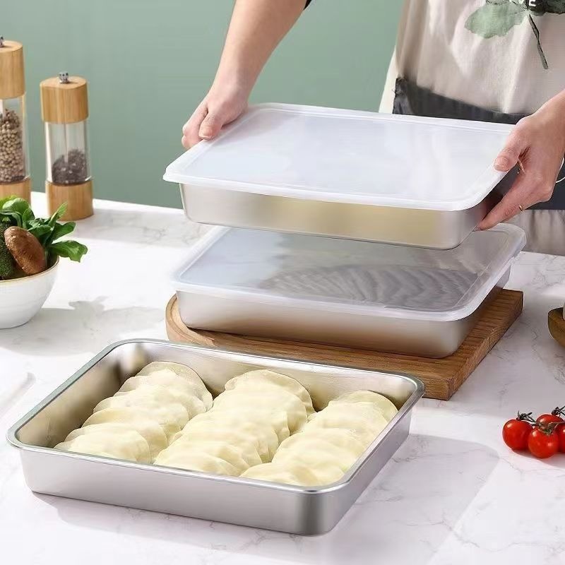 饺子盘冰箱保鲜盘不锈钢长方形方盘托盘冰箱专用带盖盛放食物