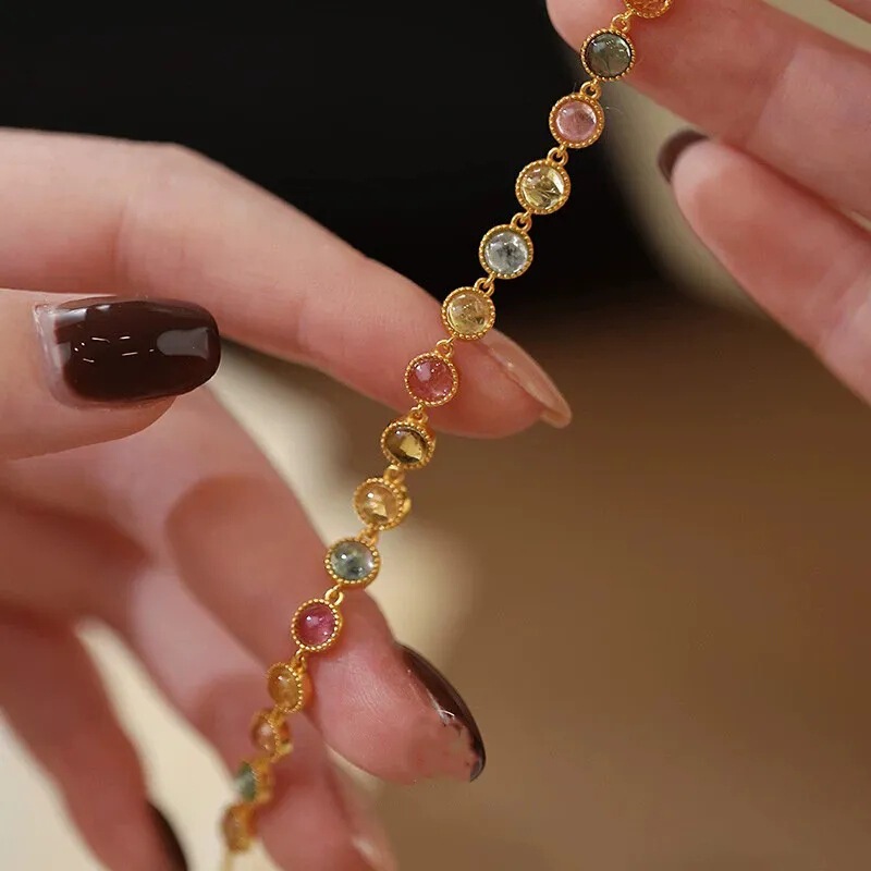 2025 New Colorful Tourmaline Bracelet for Women, Light Luxury Niche Exquisite Chinese Style Retro Friendship Jewelry, Popular on Xiaohongshu