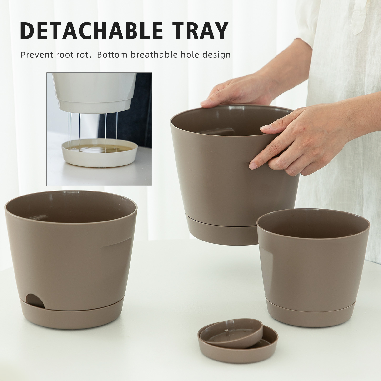 Maceta plástica auto-riego, color crema, estilo Wabi-Sabi, para suculentas, interior, transfronterizo