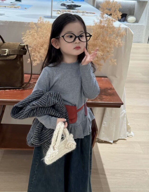 韩版童装2025秋季新款女宝宝条纹开衫花边打底衫牛仔阔腿裤三件套|undefined