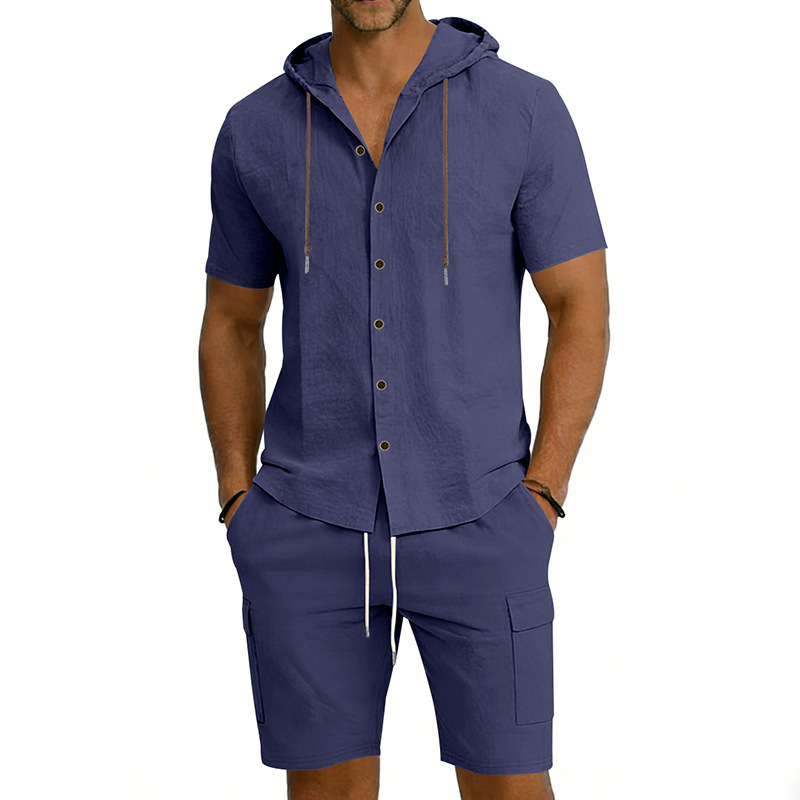 Men's Linen Hooded Short Sleeve Shirt With Workwear Shorts Set, Relaxed Fit Breathable Summer Outfit For Vacation And Casual Style_viptrois.com