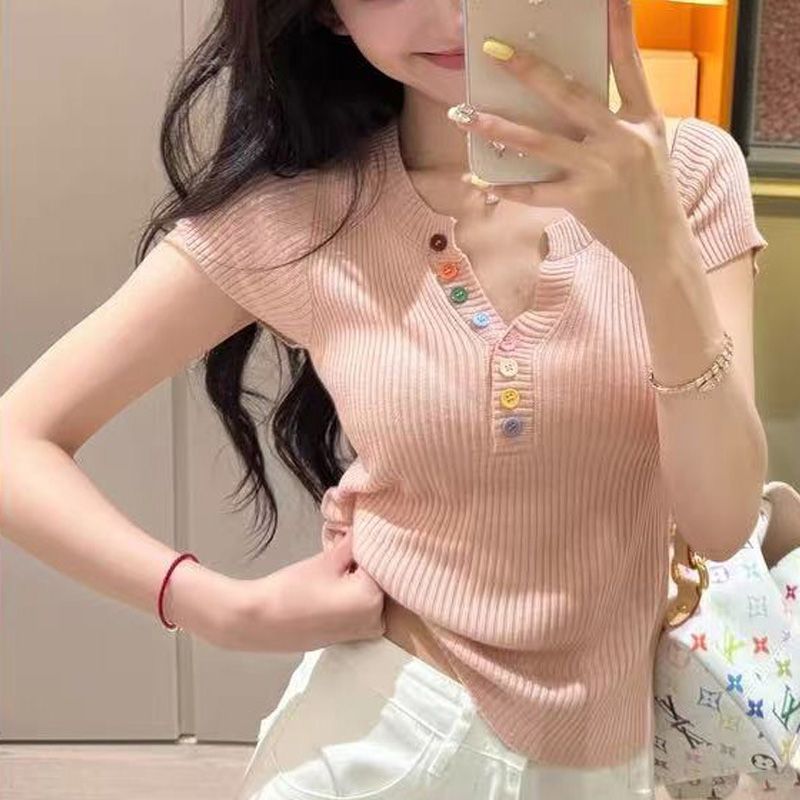 V-neck short-sleeve versatile knit sweater for women—summer, slimming, uniquely stylish, and beautifully crafted with a delicate yellow-colored button detail.