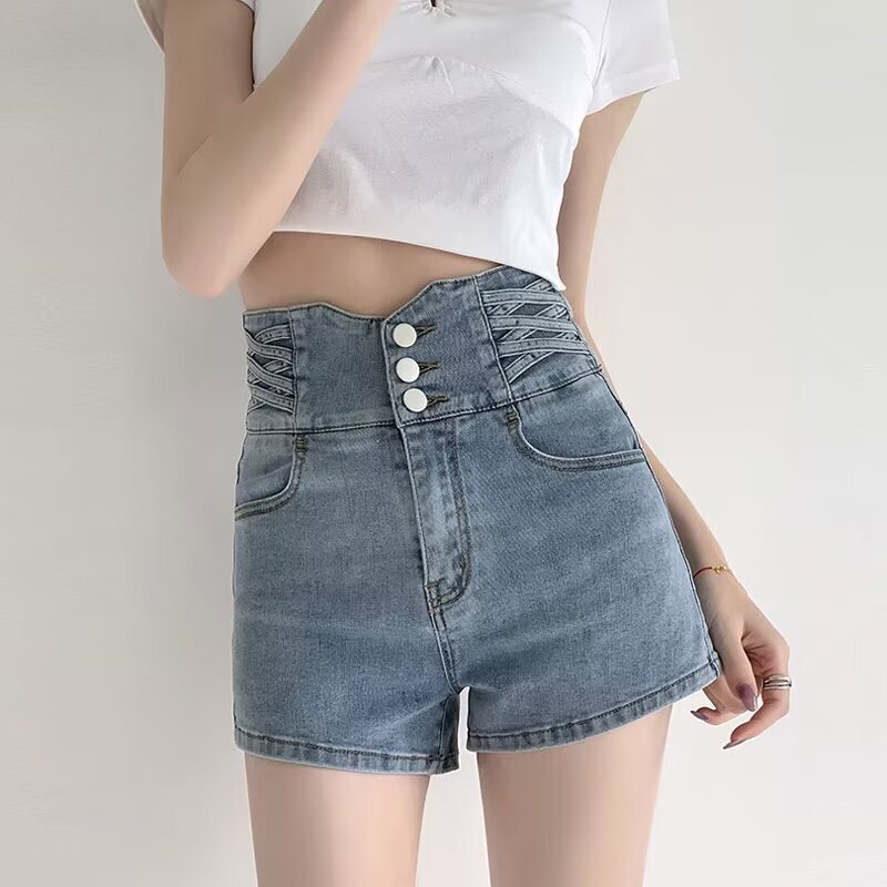 Buckle Super High Waist Denim Shorts Women's Ins New Waist V-shaped Design Slim-fit Stretch Straight-leg Wide-leg Hot Pants Buckle Super High Waist Denim Shorts Women's Ins New Waist V-shaped Design Slim-fit Stretch Straight-leg Wide-leg Hot Pants