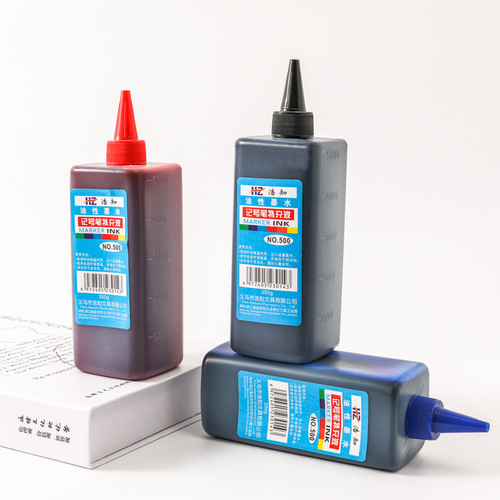 500 ml marker pen ink refills, fast-drying, oil-based, large-tip pens, black, red, blue ink.