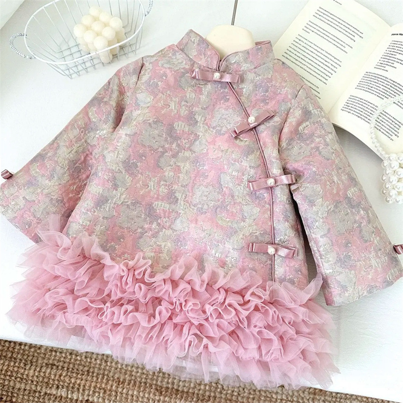 [Segundo en stock] niñas algodón intercalado doble cara vestido chino nuevo vestido de malla china cheongsam vestido de Año Nuevo infantil