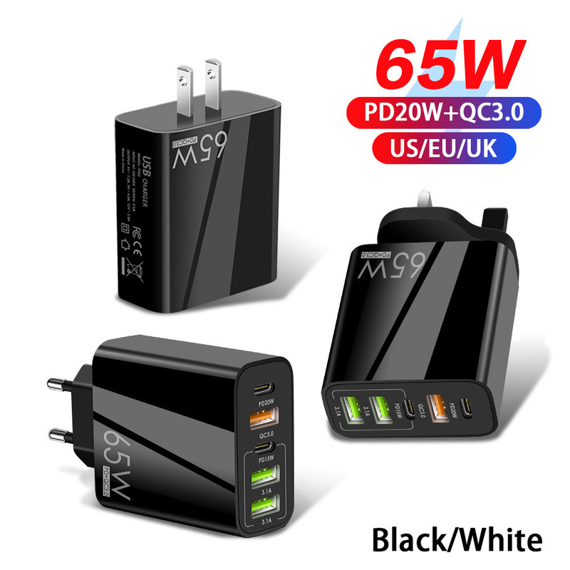 Cross-Border Exclusive Supply for 65W Mobile Phone Charger Multi-Port Charging Head Usb+Type-C Five-Port Fast Charging Head Us Standard