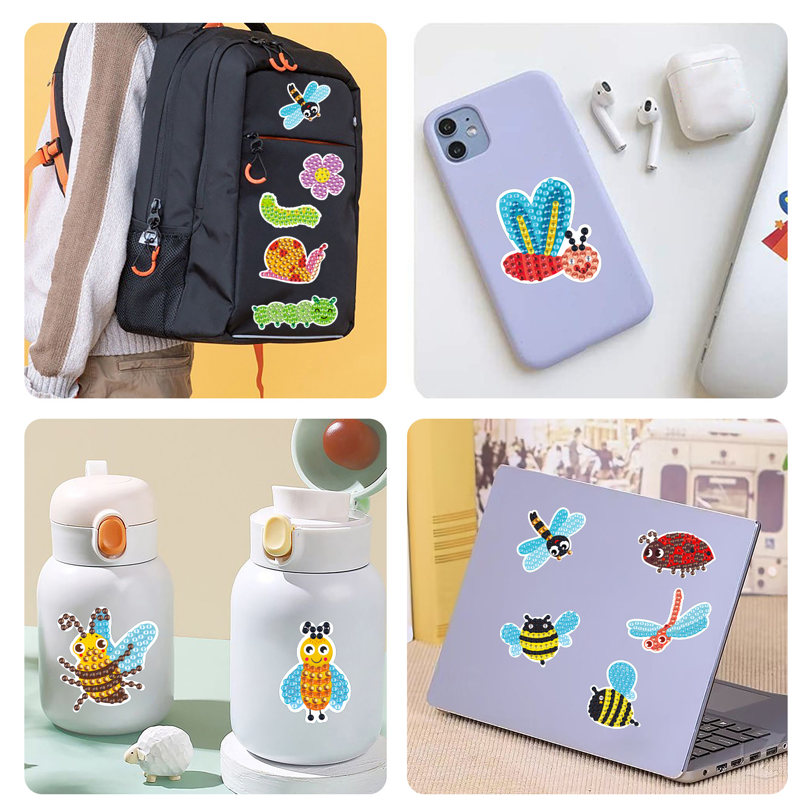 Venta caliente de dibujos animados pequeño insecto diamante pintura libre pegatinas DIY ladrillo pintura Pegatinas de pared hecho a mano 5d cristal brillante diamante