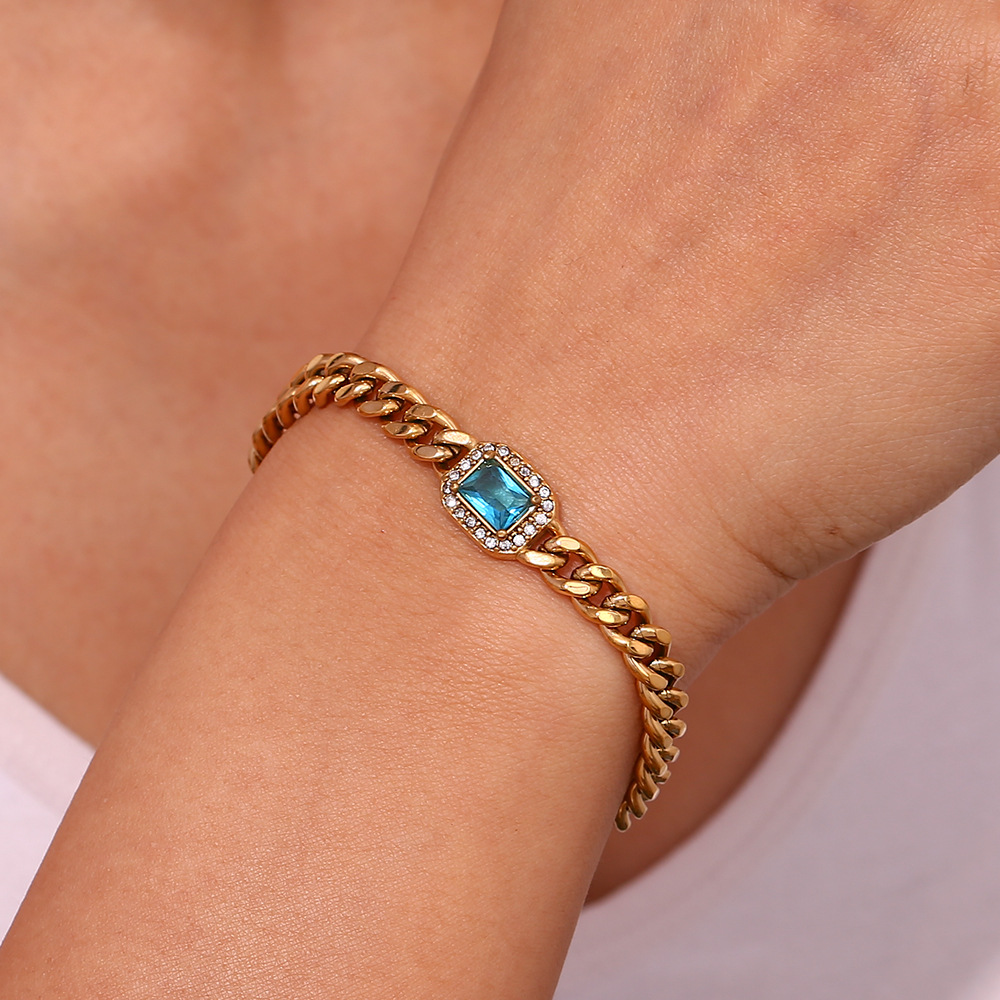 Blue Zircon Inlaid Stainless Steel Bracelet