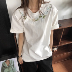 アメリカンレトロ花柄刺繍パール半袖Tシャツレディース2025年夏新作ゆったりレイジートレンディブランドニッチトップス
