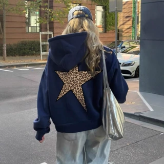 heyheyshine星星图案连帽衫Y2k豹纹印花连帽运动衫连帽衫套头上衣
