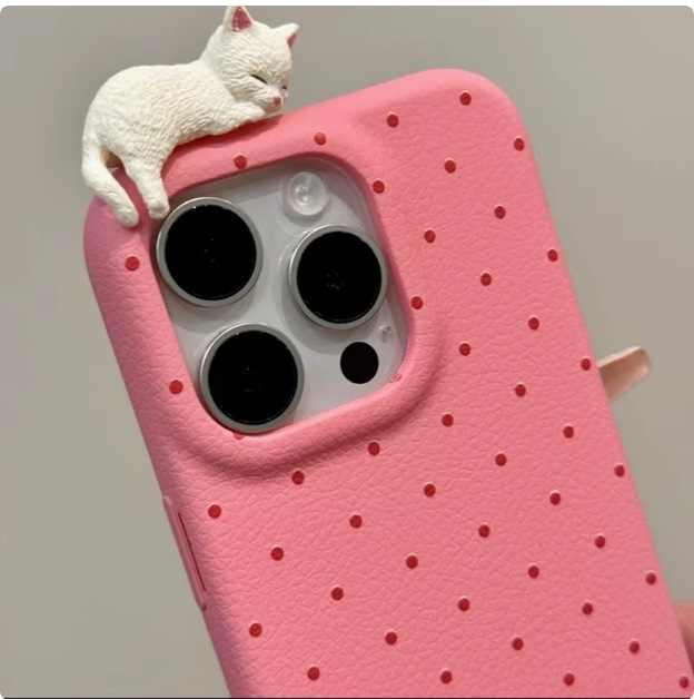 Lindo gato de lunares Iphone16promax fiesta tridimensional Apple 15pro funda para teléfono móvil para cuero 15p
