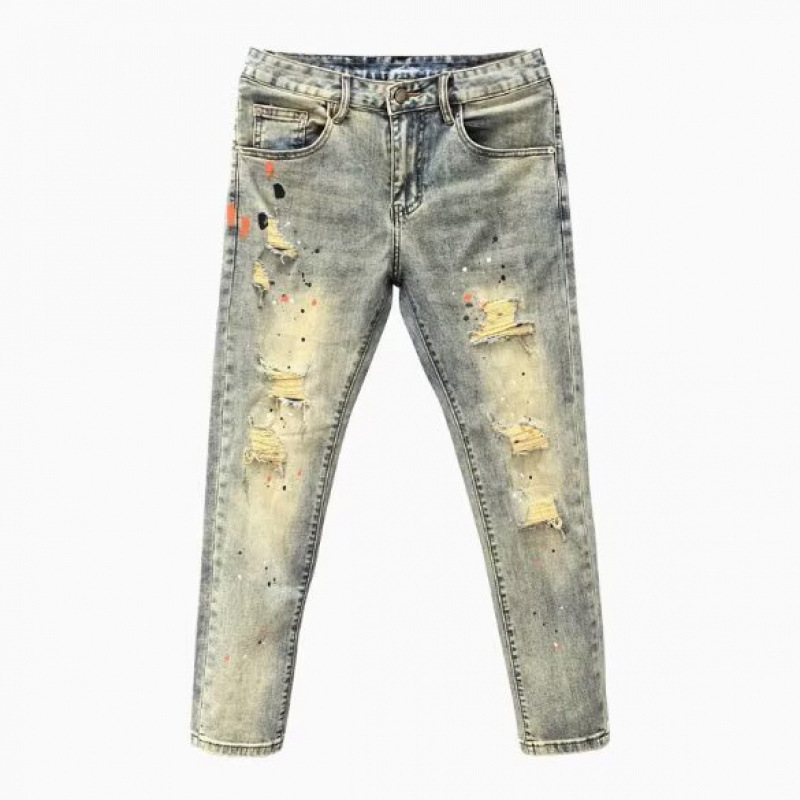 Men's Slim-Fit Ripped Jeans with Splatter Paint, Stretchy Skinny Fit, Distressed Patches, Vintage Style, Cool Street Fashion, Trendy