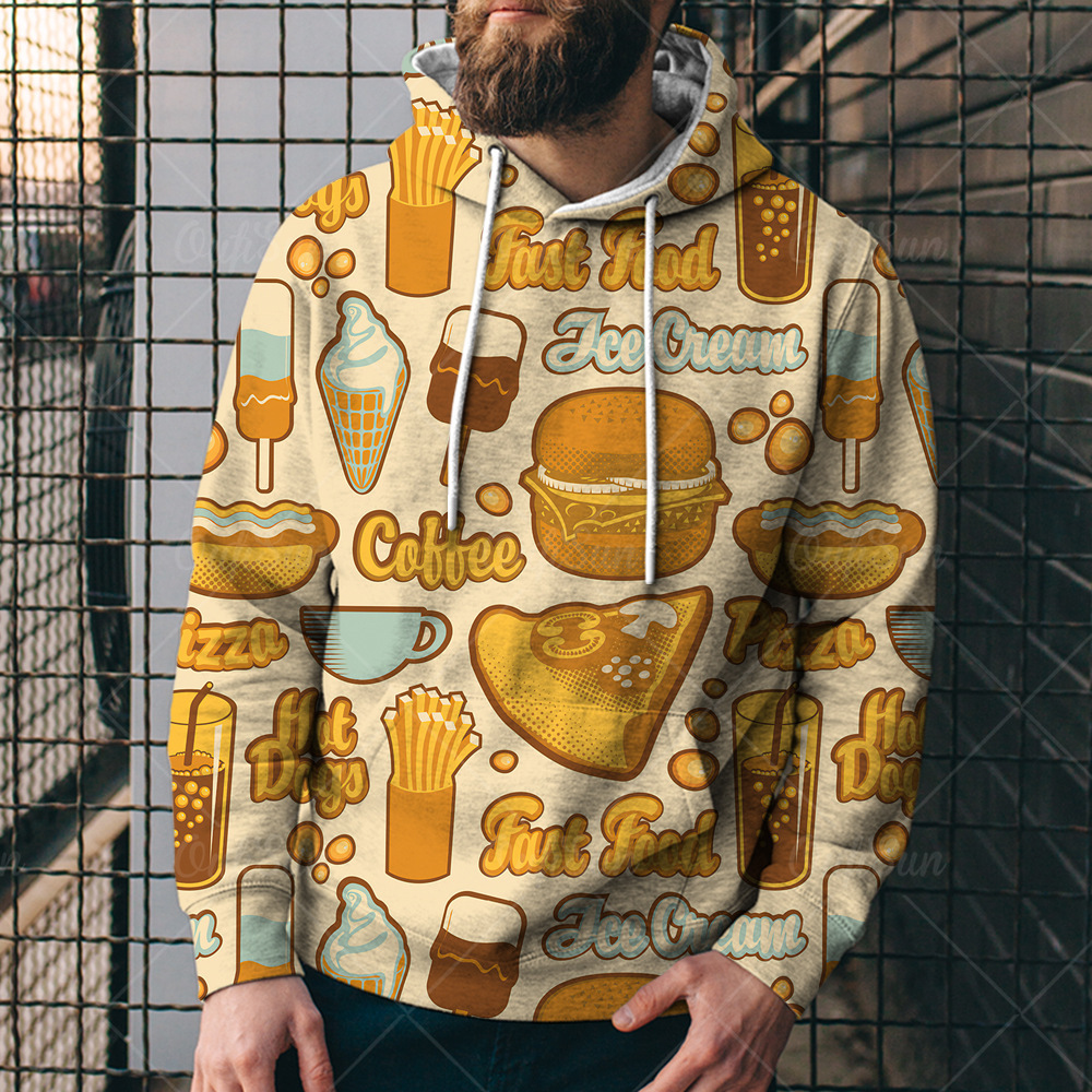 Burger Guardia europea y americana Tendencia 3D Verano Harbin Moda Deportes Pizza Estilo Imprenta Gorro de comida para hombre con suéter