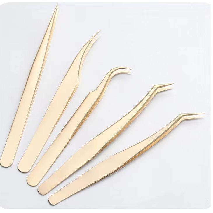 Pearl Gold Eyelash Tweezers High Precision Eyelash Extension Tools Gold Feather Tweezers for Separating and Grafting Lashes Full Set with Sharp Tips