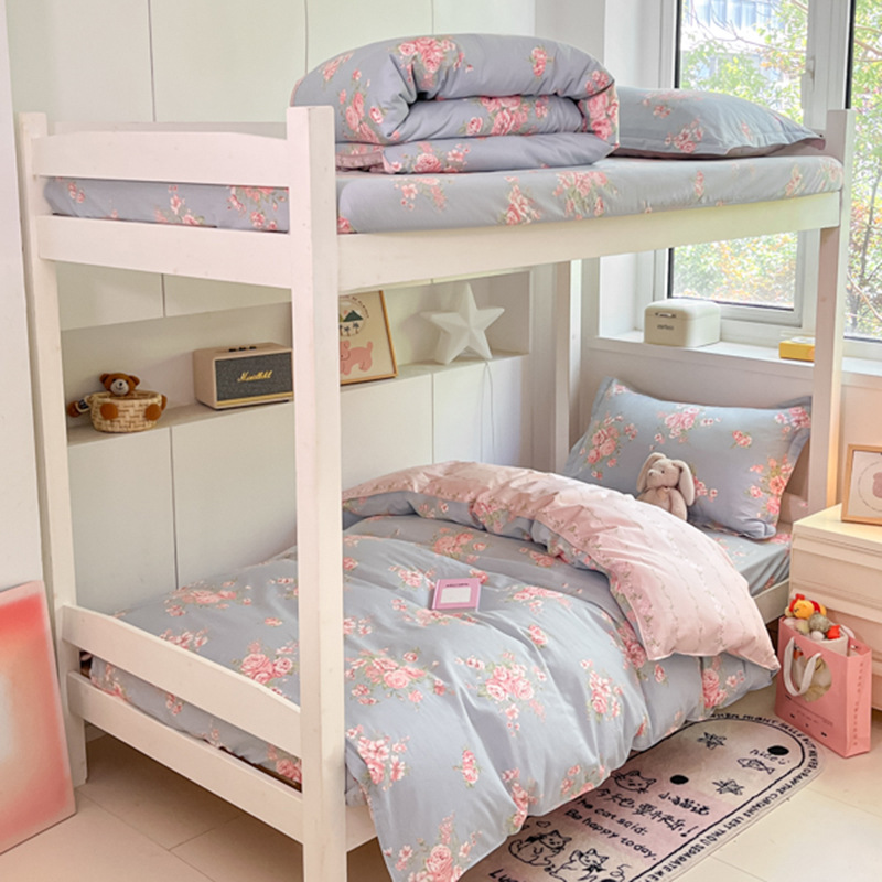 Juego de sábanas impresas de algodón de cuatro piezas Juego de tres piezas para estudiantes individual y doble, dormitorio doméstico de primavera y verano, sábanas lavables a máquina