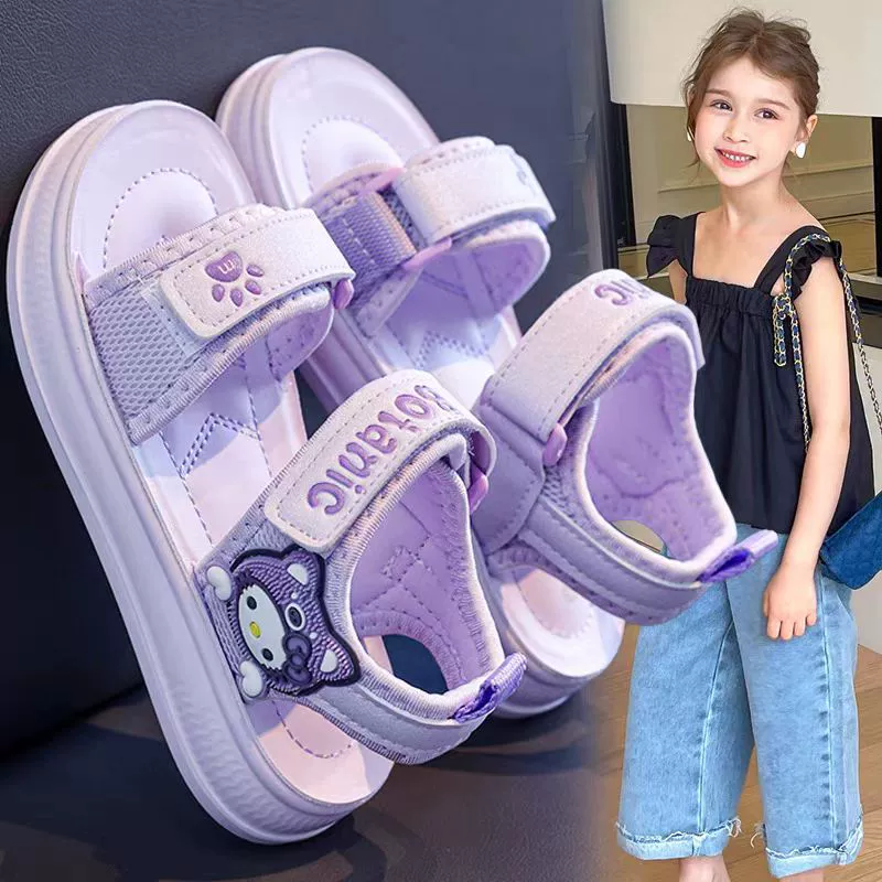 Детские пляжные туфли с открытым носком 2025 Новый средний мальчик мальчик мальчик сандалии милый котенок липучка детская обувь