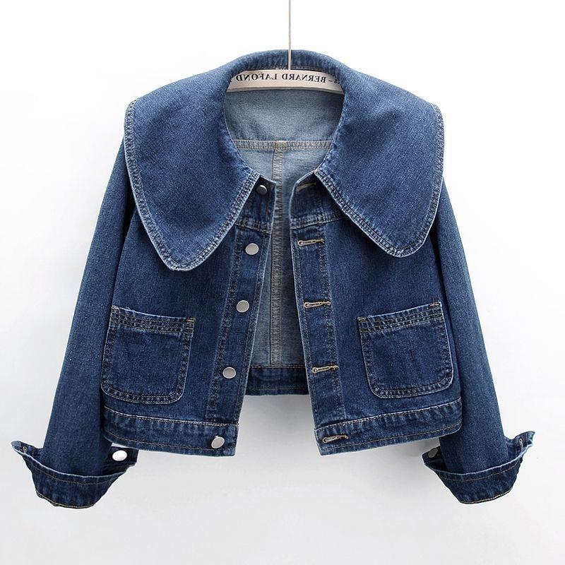 Spring and Autumn New Fashion Navy Collar Short Denim Jacket for Women, Slimming Loose Korean Style Jacket for Petite Figures