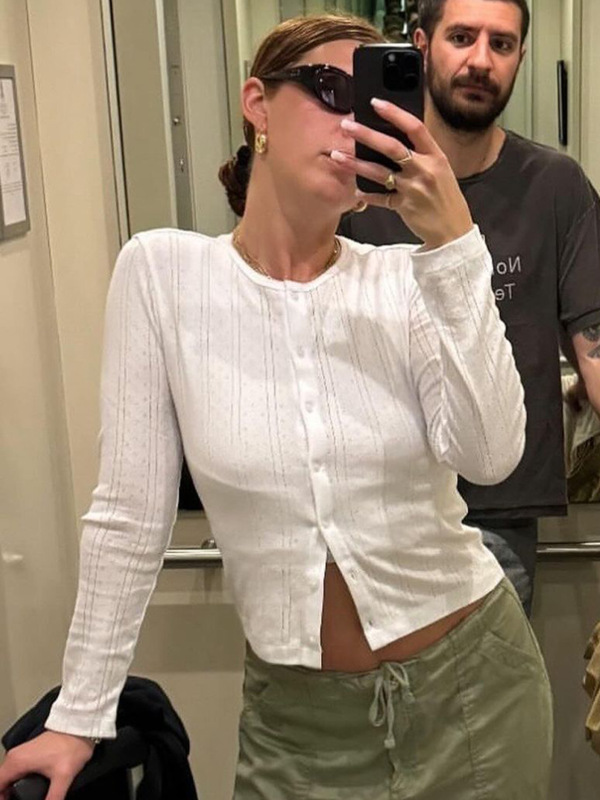 欧美修身小圆领高腰短款露脐针织开衫女辣妹百搭秋季外穿长袖上衣|undefined