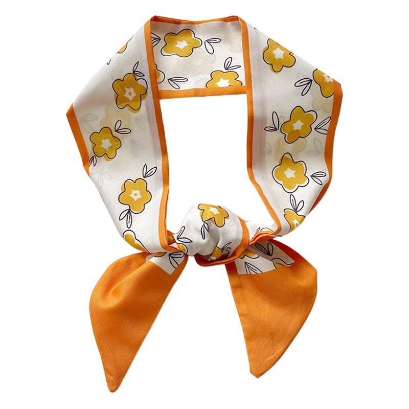 Amarillo pequeña flor delgada estrecha bufanda de seda larga primavera y verano multifuncional bolsa de corbata de pelo arco decorativo cinta de banda de pelo
