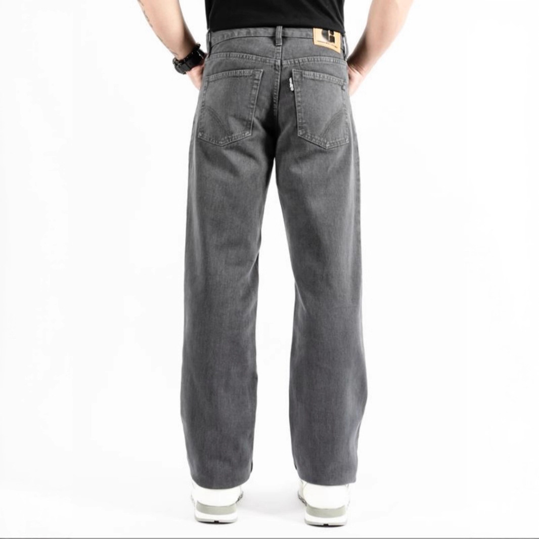 Cleanfit Herren-Jeans mit geradem Bein, grau, lässige Hose, mittelschweres Stretchmaterial, amerikanischer High-Street-Trend 2025_voghion.com