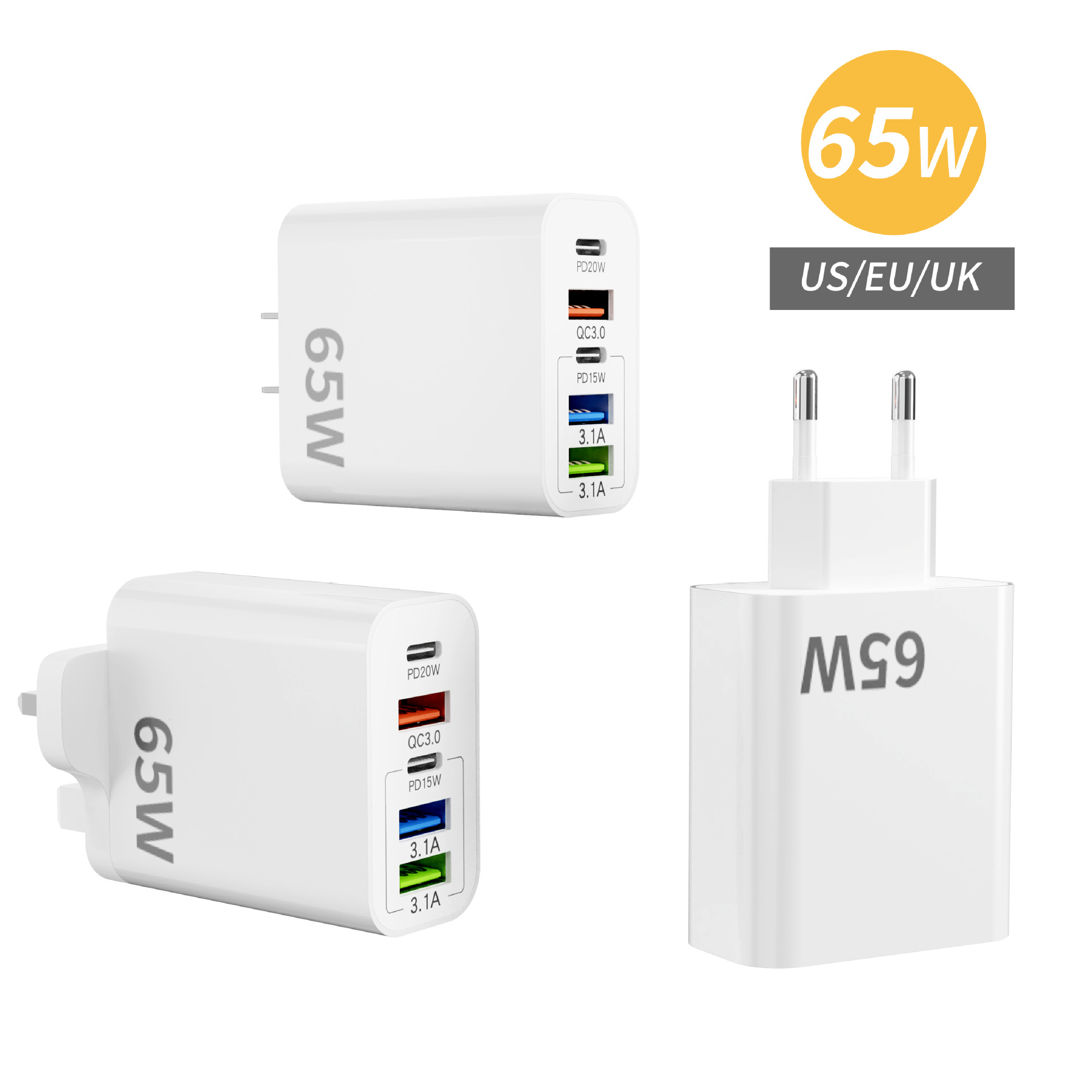Cargador multipuerto transfronterizo PD65W Europa y Estados Unidos 2PD + 3USB cabezal de carga multipuerto para cabezal de carga de Apple